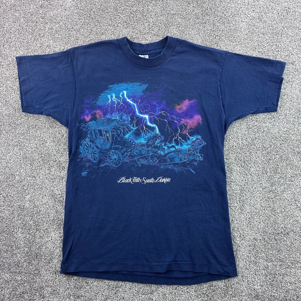 Vintage Black Hills South Dakota Shirt Mens Large Blue Lightning Stagecoach